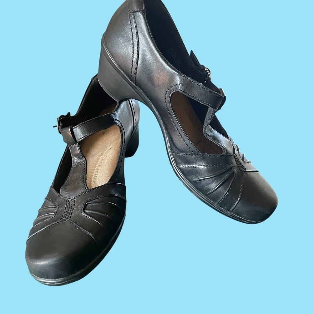 Earth Origins Roman Black Leather T-Strap Block Heels Shoes Women Size 11 - Picture 2 of 8